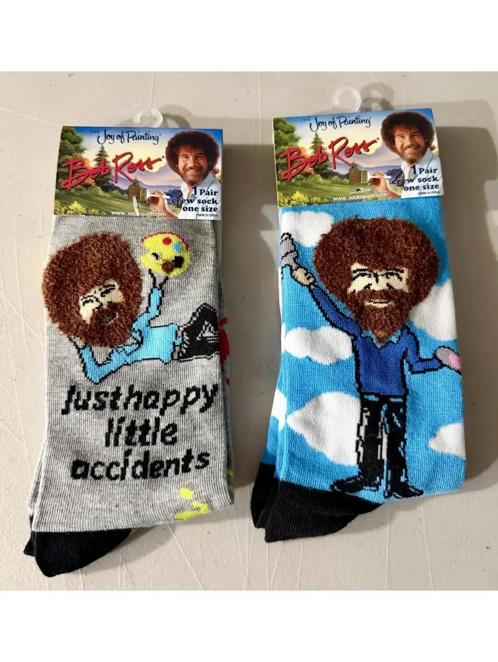 2 Pair of Bob Ross Crew Socks, Size Men’s 8-12 / Women’s 9-14  Furry Hair Style